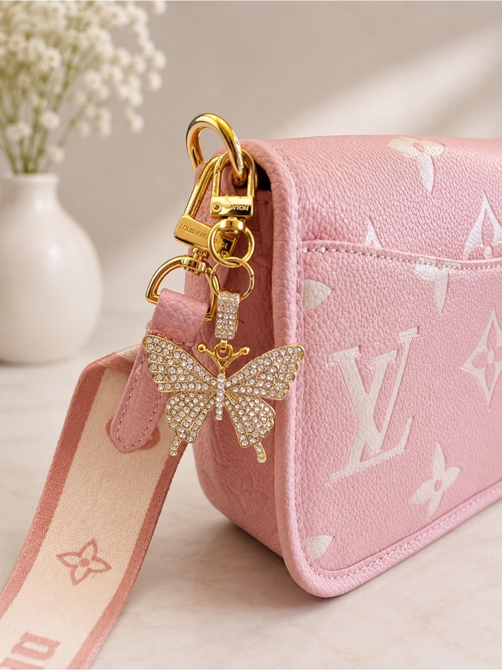 Gold Bag Charm with Crystal Butterfly Charm
